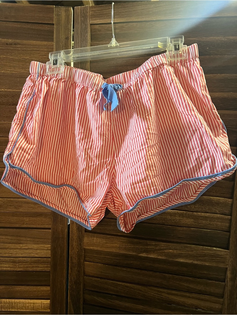 Pink Striped Women's Drawstring Lounge Shorts with Blue Trim